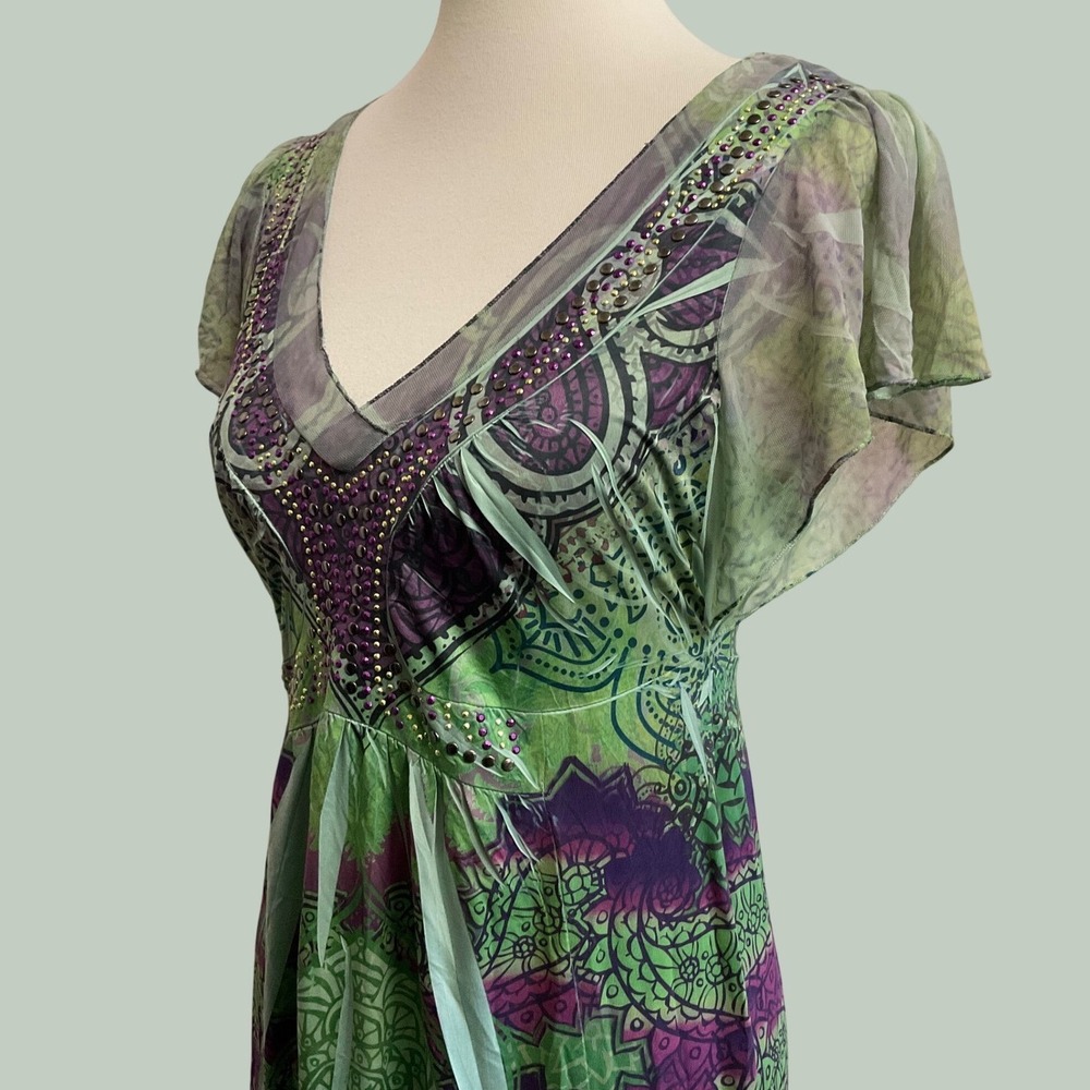 Unity World Wear Paisley Beaded Liquid Dress Womens PS Green Purple Fairy - Picture 5 of 11
